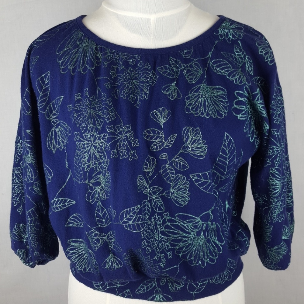 Dark Blue 100% Cotton Knit w/Green Glitter Leaves